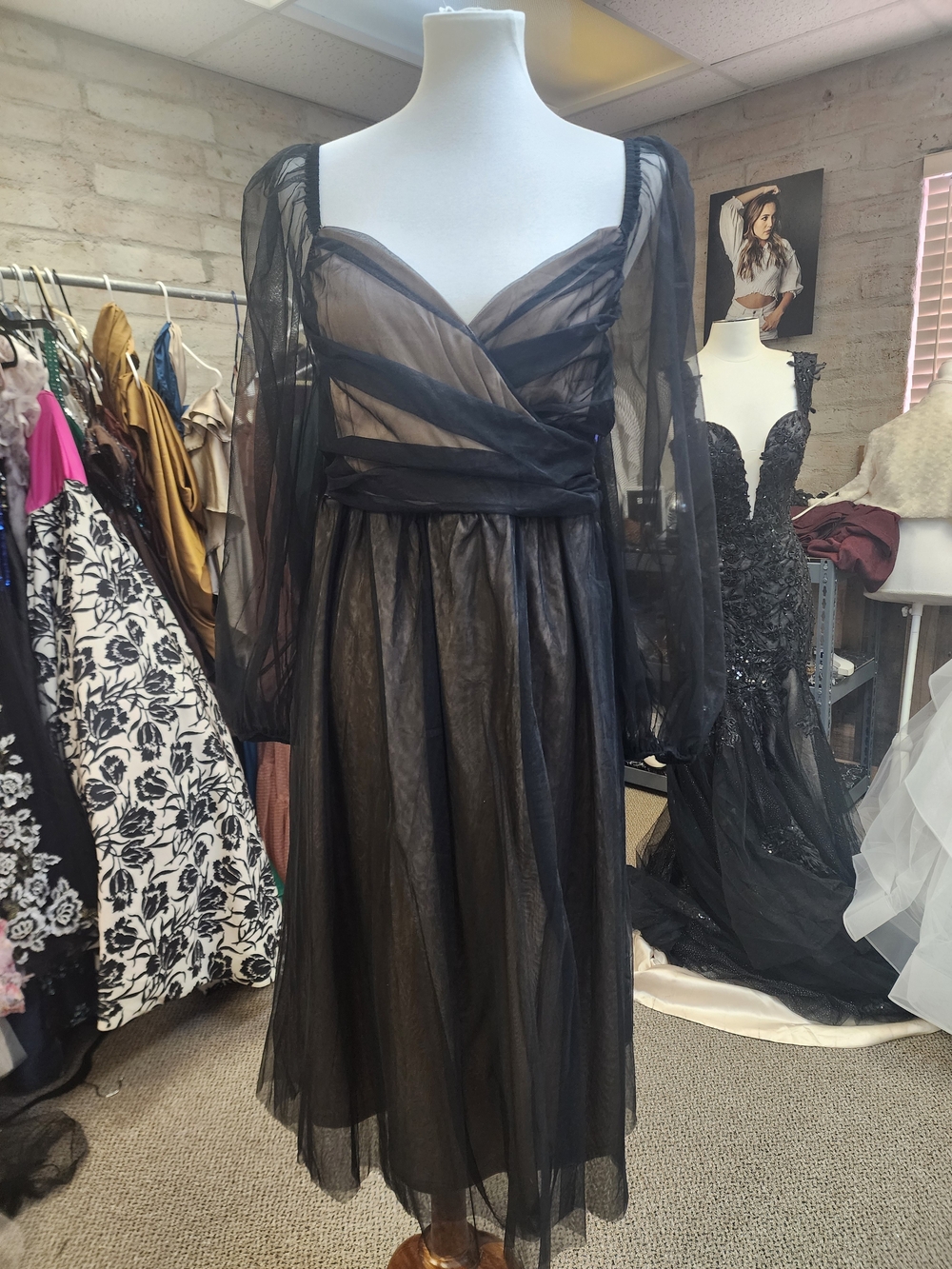 SHEIN Black Tulle Midi Dress with Sheer Long Sleeves